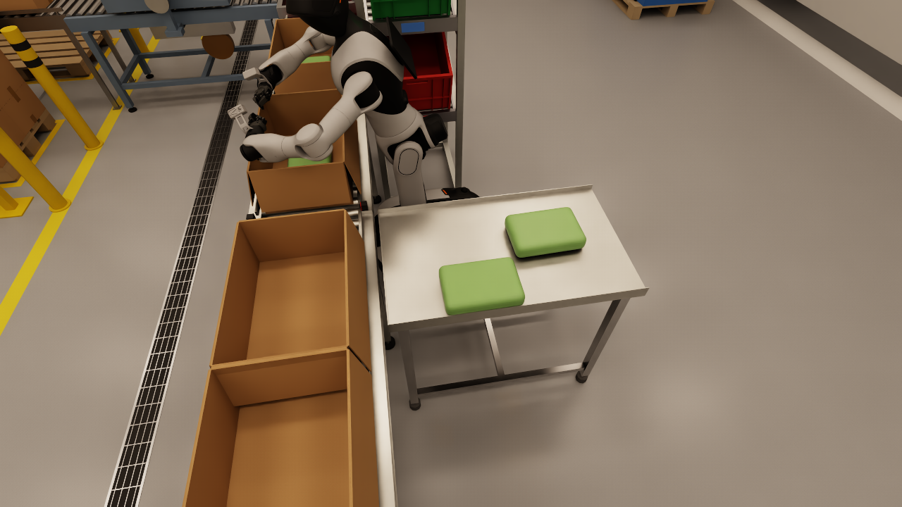 Close view of the pick table with two green bags, the conveyor with open cartons and the G2