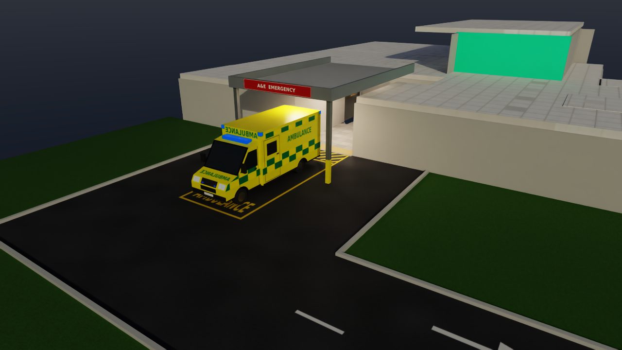 A&E ambulance entrance. The ambulance bay has a canopy and its own lane.