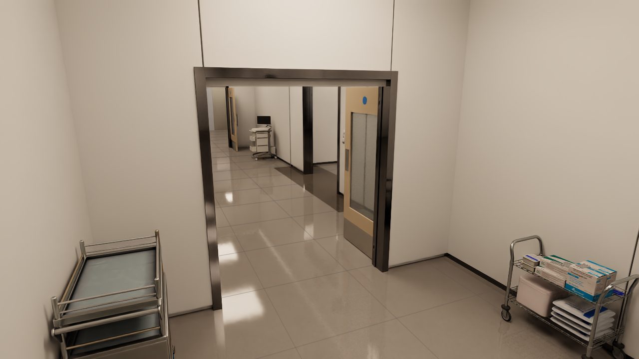 Cross-corridor fire door. The door divides the wing corridor into two fire zones.