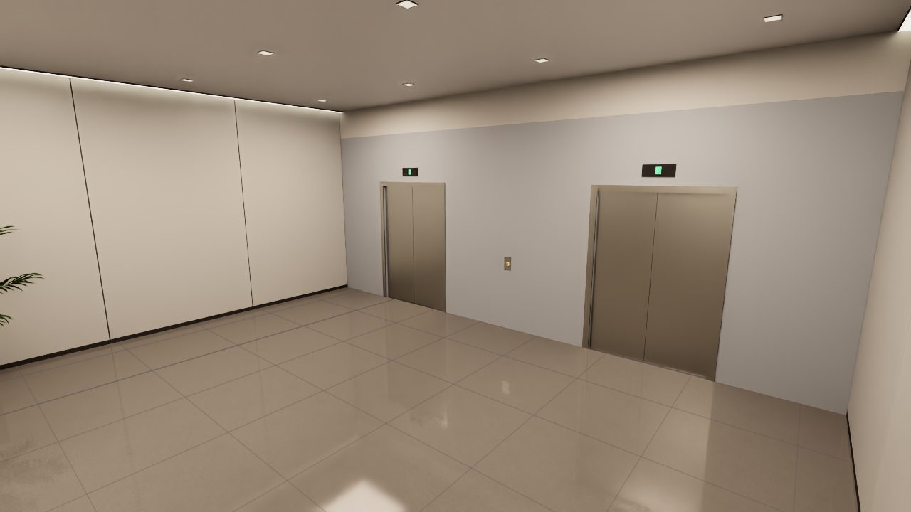 Bed lifts, surgical wing. A lift lobby with a fire door to the corridor.