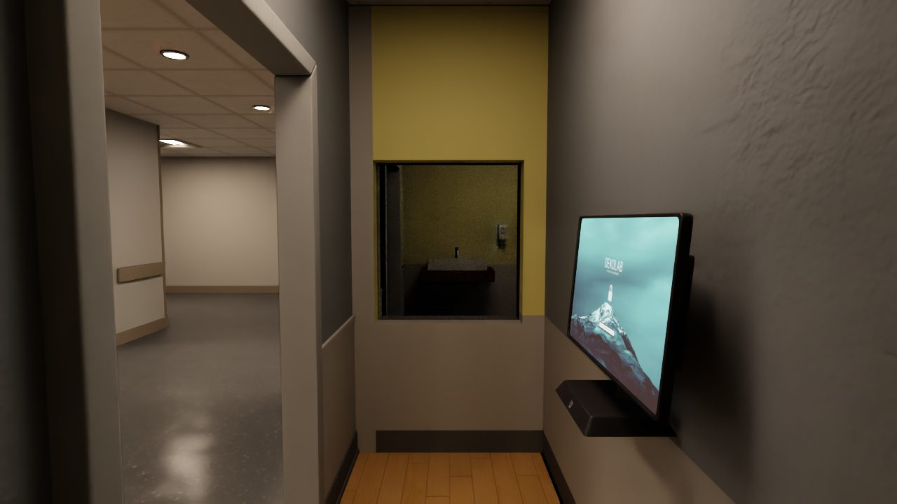 Nurse workstation. An observation window looks into two bedrooms.